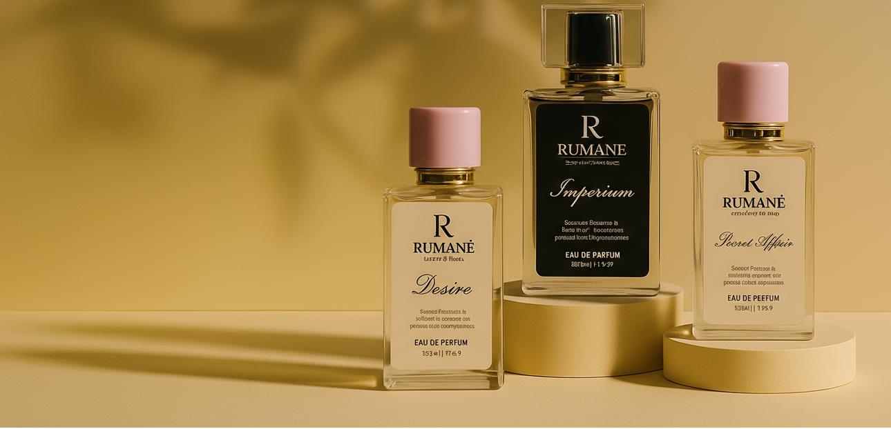 Three Rumané perfume bottles on a yellow background